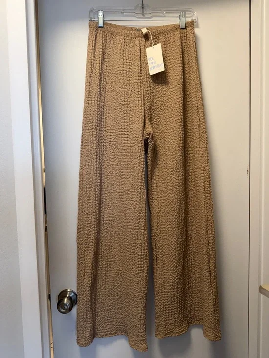 See You Monday Wide Leg Textured Pants in Tan - Picture 1 of 5